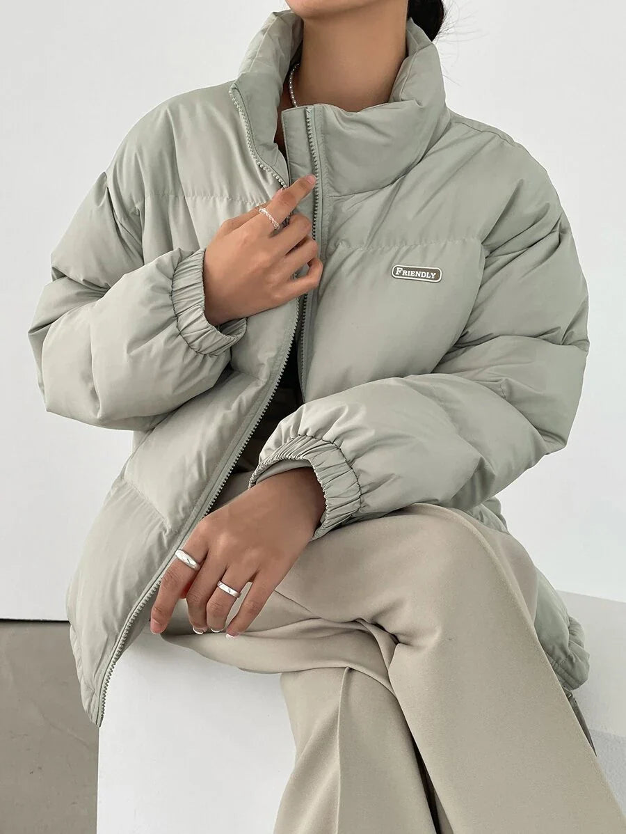 DAZY Letter Patched Drop Shoulder Drawstring Hem Thick Pockets Padded Coat, Women Winter Coat Jacket