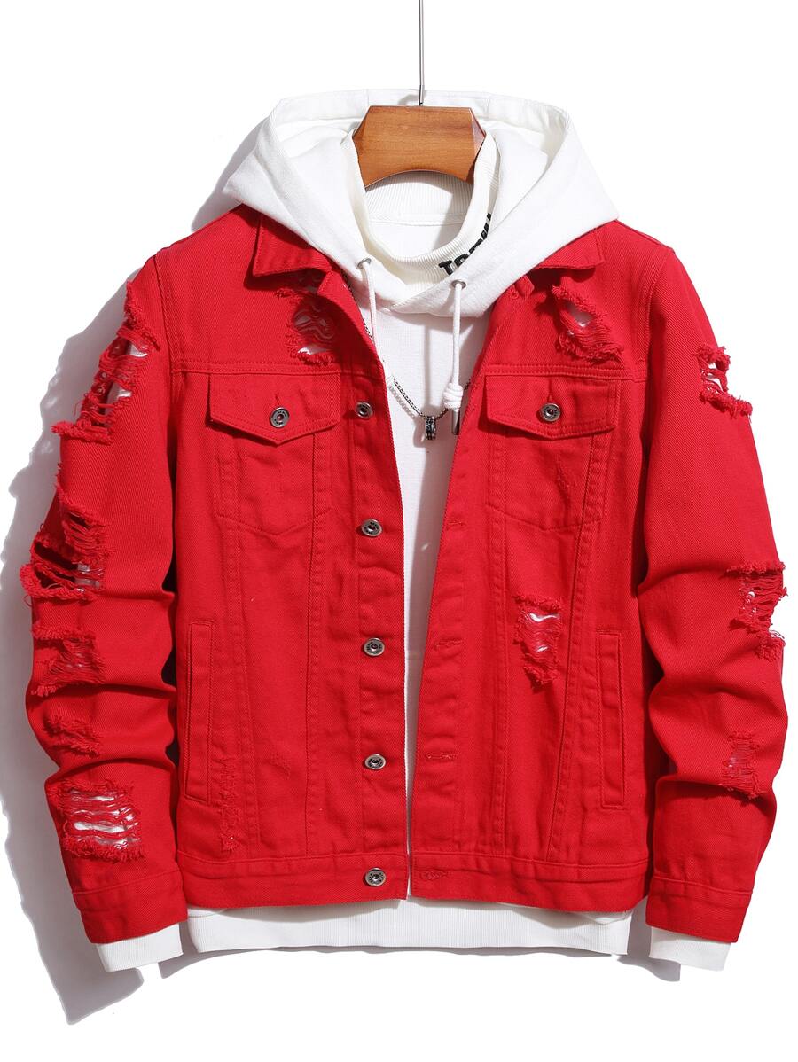 Manfinity Homme Men's Casual Distressed Denim Single Breasted Jacket, Autumn