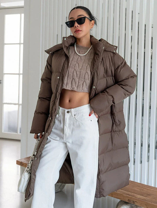 DAZY Slant Pocket Zipper Hooded Longline Padded Thick Pockets Coat, Women Winter Coat