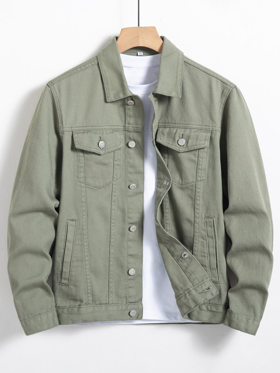 Manfinity Homme Men Plain Green Casual Cotton Flap Pocket Denim Jacket Without Tee, For Going Out With Friends Urban Office Vacation National Park Work, Fall