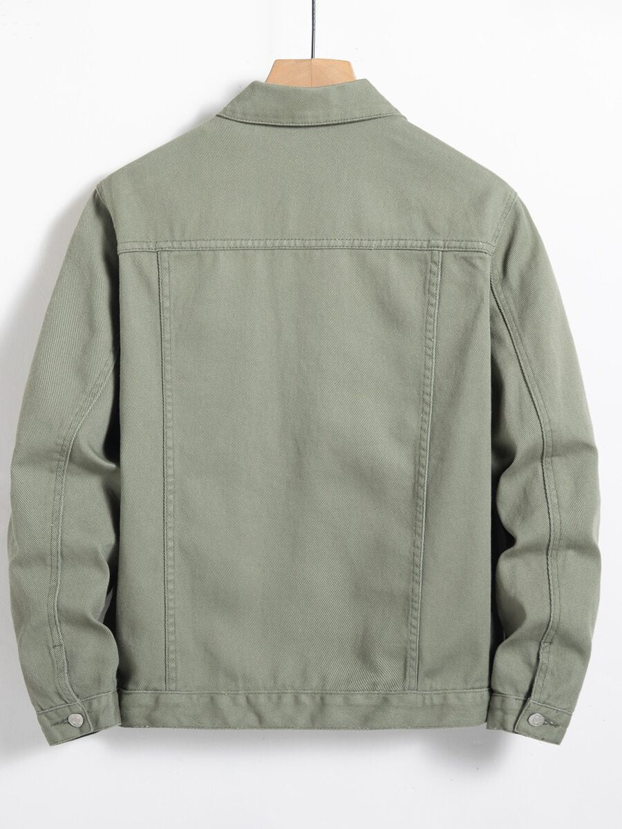 Manfinity Homme Men Plain Green Casual Cotton Flap Pocket Denim Jacket Without Tee, For Going Out With Friends Urban Office Vacation National Park Work, Fall