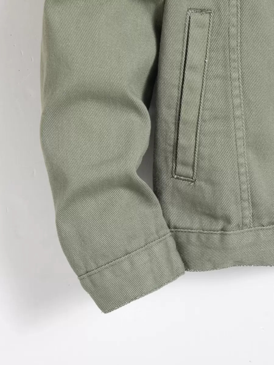 Manfinity Homme Men Plain Green Casual Cotton Flap Pocket Denim Jacket Without Tee, For Going Out With Friends Urban Office Vacation National Park Work, Fall