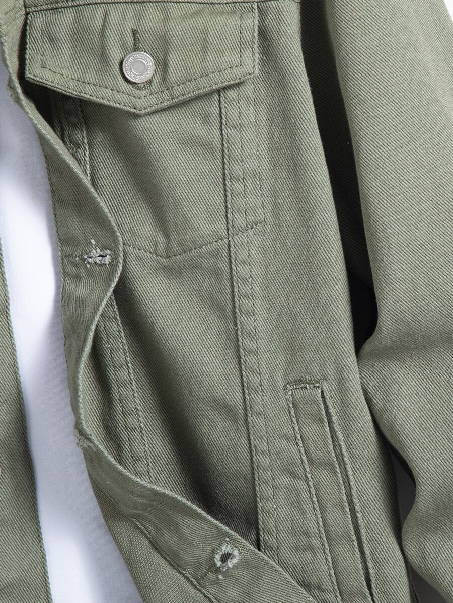 Manfinity Homme Men Plain Green Casual Cotton Flap Pocket Denim Jacket Without Tee, For Going Out With Friends Urban Office Vacation National Park Work, Fall