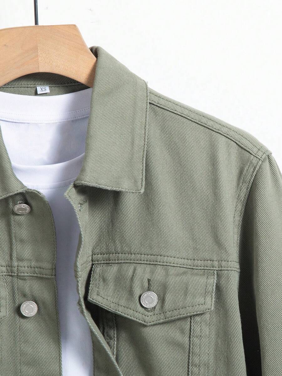 Manfinity Homme Men Plain Green Casual Cotton Flap Pocket Denim Jacket Without Tee, For Going Out With Friends Urban Office Vacation National Park Work, Fall