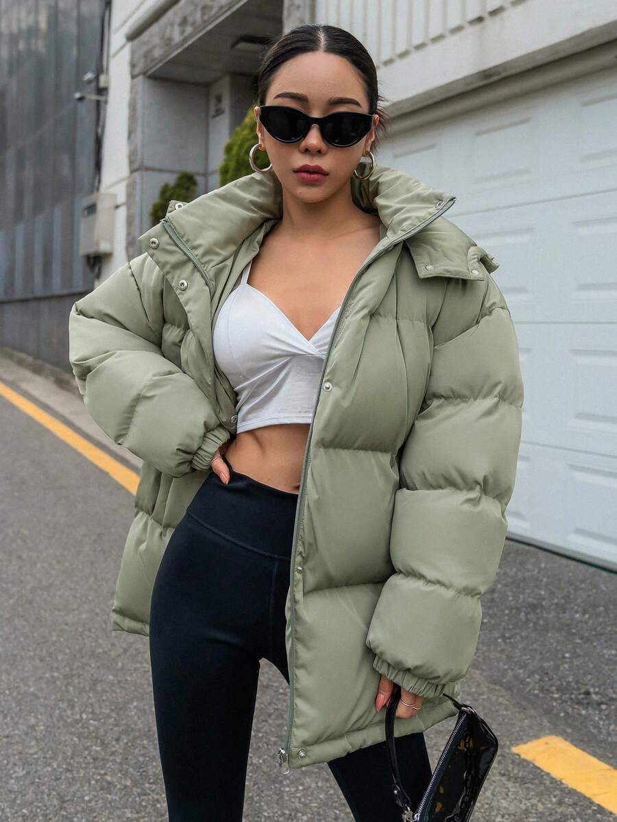 DAZY Women's Zipper Stand Collar Hooded Padded Coat, Ladies Winter Casual Button Front, Pocket, Zipper Regular Sleeve Hooded Oversized Coffee Brown Plain Women Padded Coats, Winter Warmth/ Winter Fashion ,Winter Women Clothes,Winter Coat Women Jacket