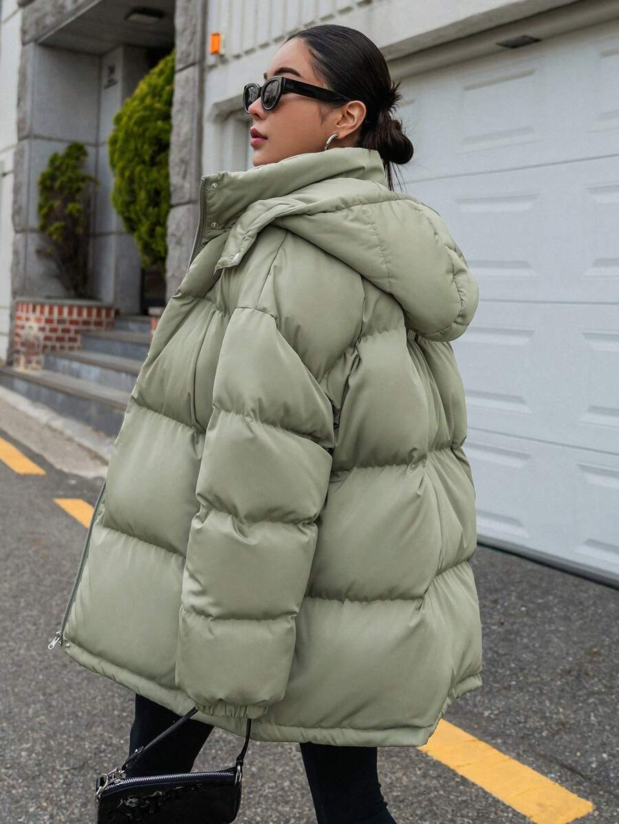 DAZY Women's Zipper Stand Collar Hooded Padded Coat, Ladies Winter Casual Button Front, Pocket, Zipper Regular Sleeve Hooded Oversized Coffee Brown Plain Women Padded Coats, Winter Warmth/ Winter Fashion ,Winter Women Clothes,Winter Coat Women Jacket