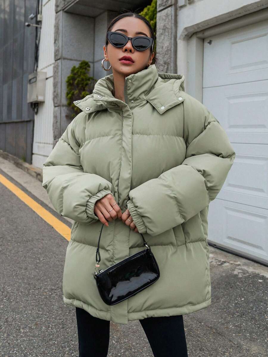 DAZY Women's Zipper Stand Collar Hooded Padded Coat, Ladies Winter Casual Button Front, Pocket, Zipper Regular Sleeve Hooded Oversized Coffee Brown Plain Women Padded Coats, Winter Warmth/ Winter Fashion ,Winter Women Clothes,Winter Coat Women Jacket