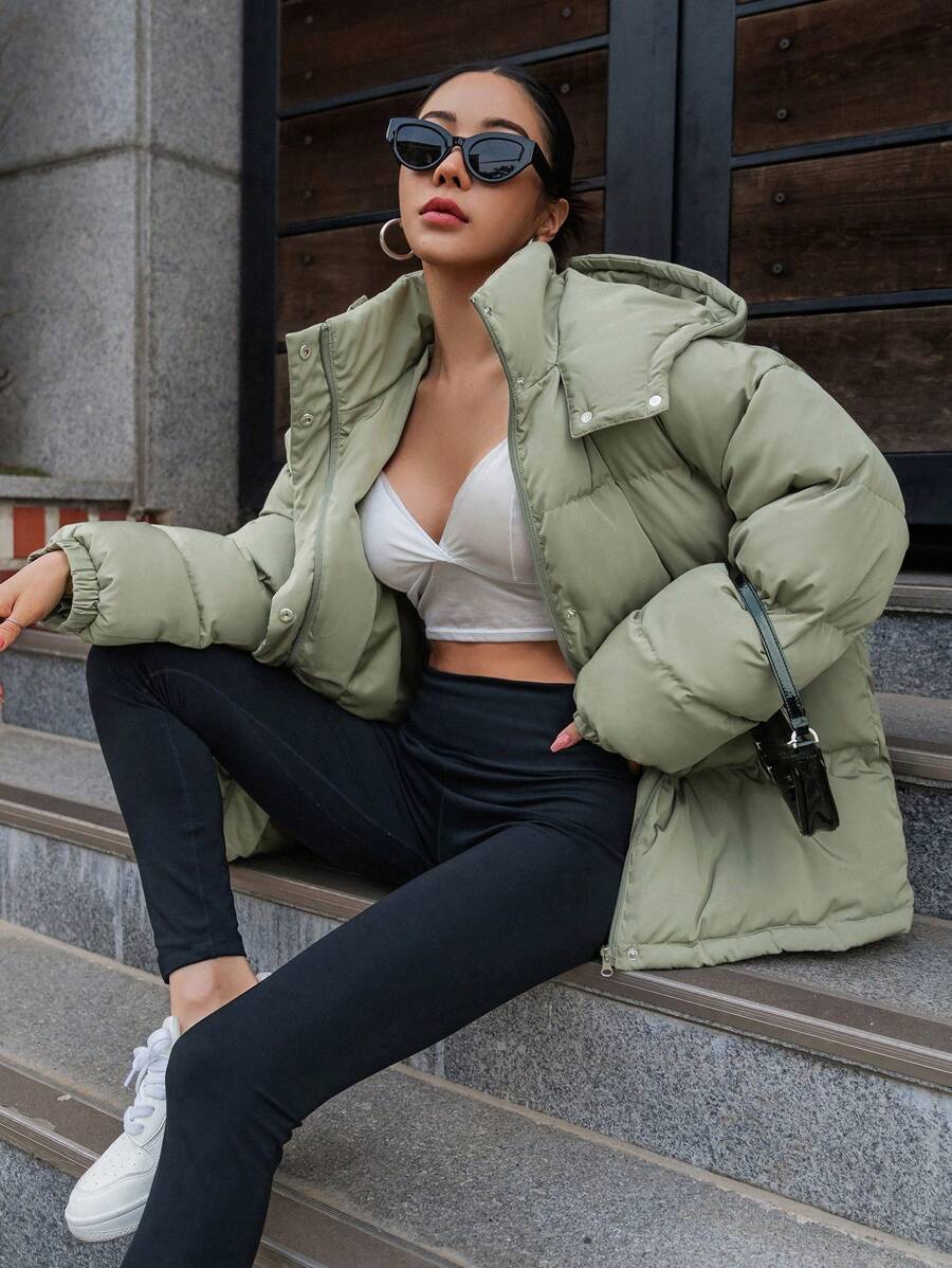 DAZY Women's Zipper Stand Collar Hooded Padded Coat, Ladies Winter Casual Button Front, Pocket, Zipper Regular Sleeve Hooded Oversized Coffee Brown Plain Women Padded Coats, Winter Warmth/ Winter Fashion ,Winter Women Clothes,Winter Coat Women Jacket