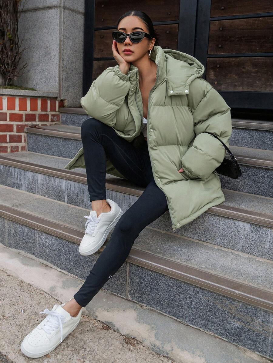 DAZY Women's Zipper Stand Collar Hooded Padded Coat, Ladies Winter Casual Button Front, Pocket, Zipper Regular Sleeve Hooded Oversized Coffee Brown Plain Women Padded Coats, Winter Warmth/ Winter Fashion ,Winter Women Clothes,Winter Coat Women Jacket