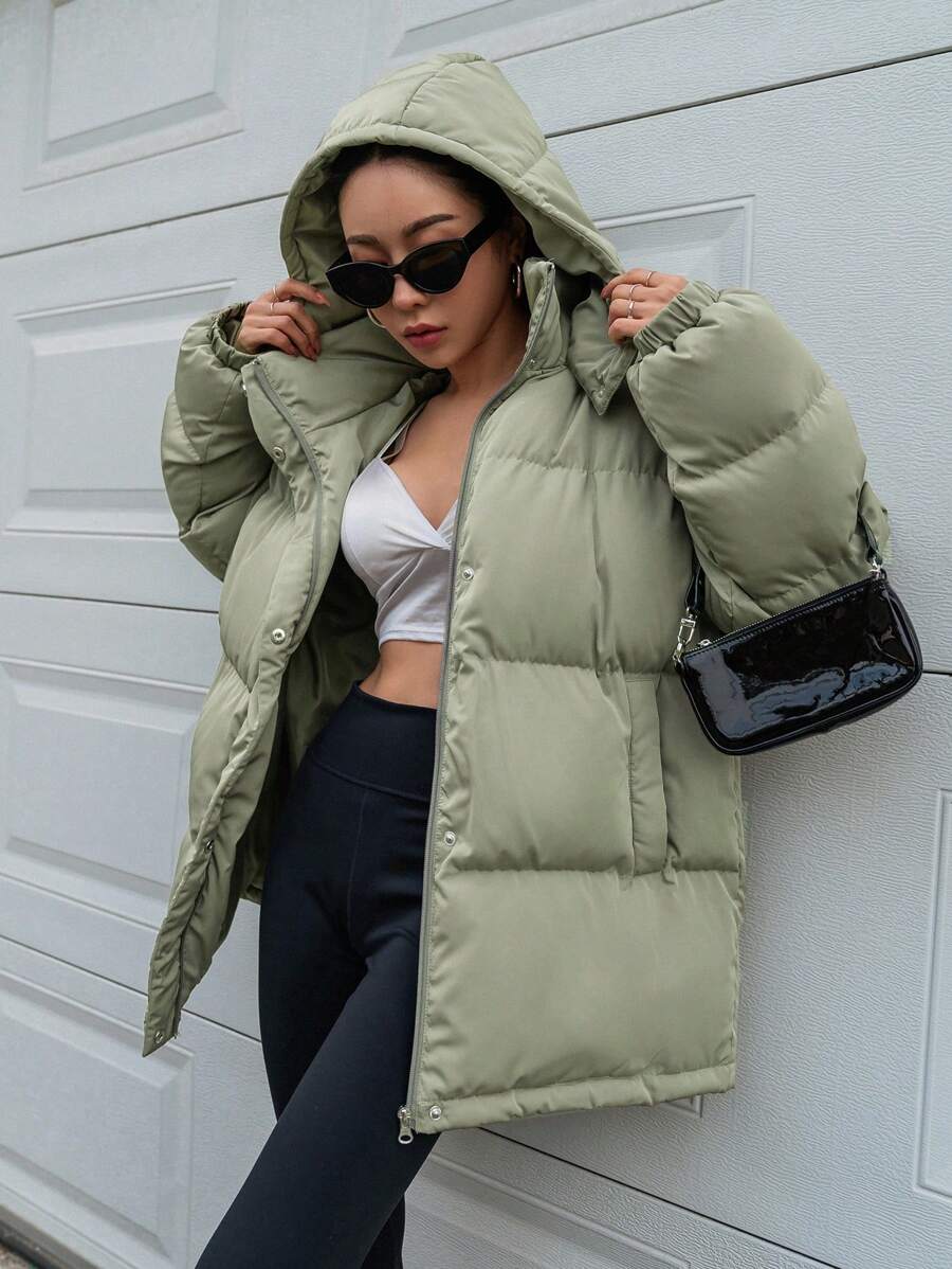 DAZY Women's Zipper Stand Collar Hooded Padded Coat, Ladies Winter Casual Button Front, Pocket, Zipper Regular Sleeve Hooded Oversized Coffee Brown Plain Women Padded Coats, Winter Warmth/ Winter Fashion ,Winter Women Clothes,Winter Coat Women Jacket