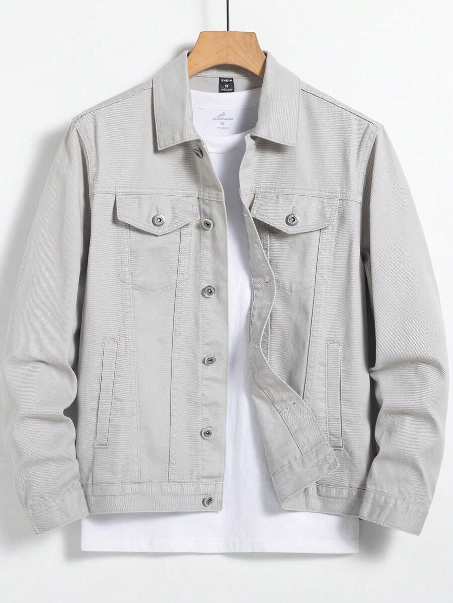 Manfinity Homme Men Flap Pocket Regular Dark Plain Denim Jacket Without Tee For Friends Going Out Hang Out Work Commute Street, Fall