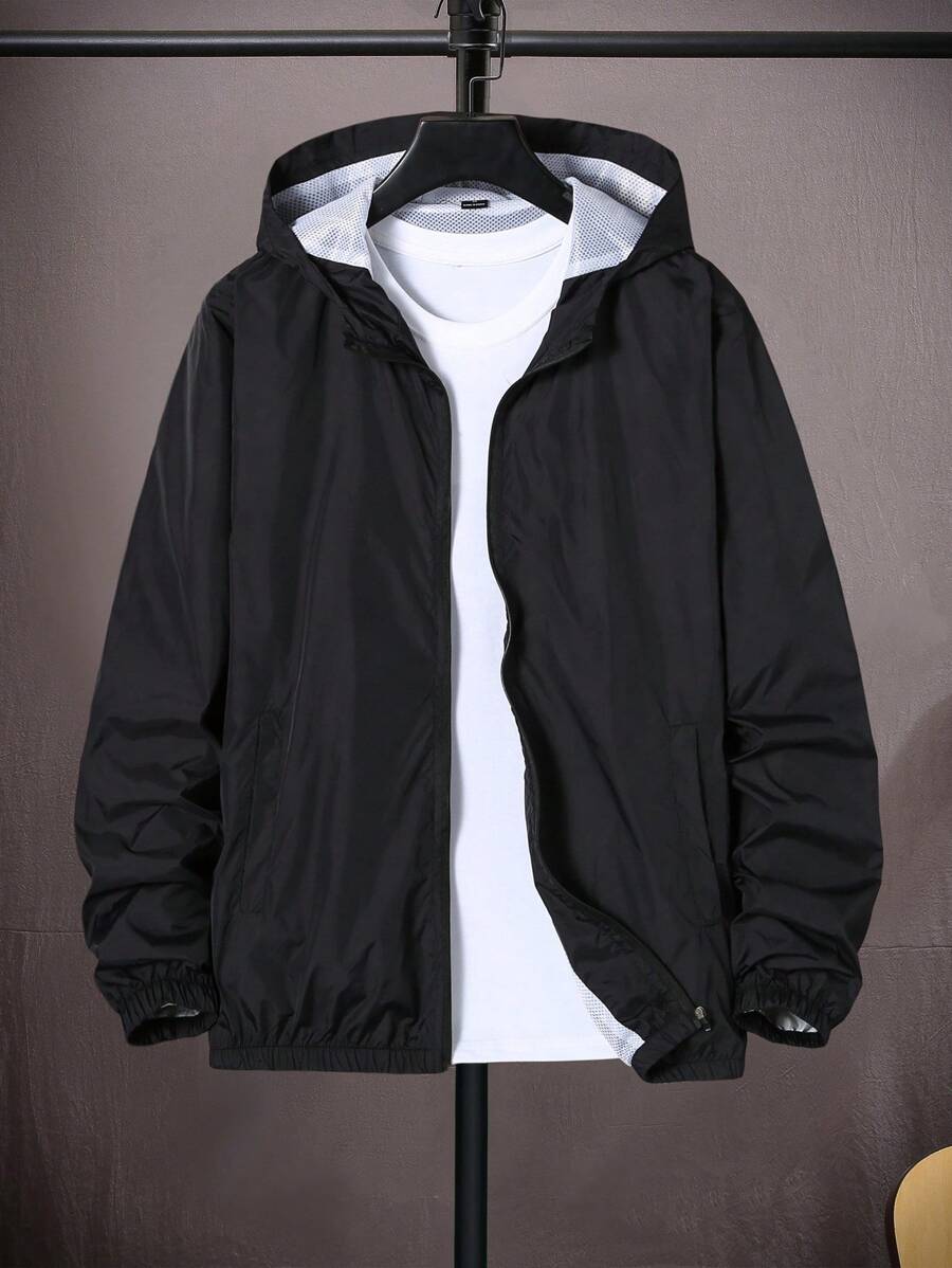Manfinity Homme Men Casual Fashion Versatile Solid Color Long Sleeve Zip-Up Hooded Windbreaker Jacket, Lightweight Casual Jacket, Fall