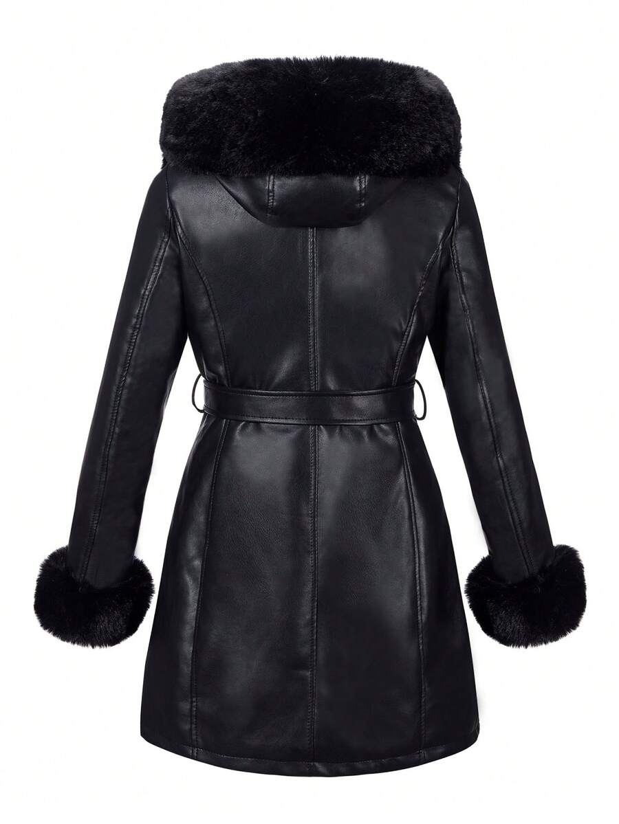 Giolshon Women's PU Jacket With Faux Fur And Belt - Perfect For Fall And Winter, And Stylish With Waist Tie For Casual Or Work Commute