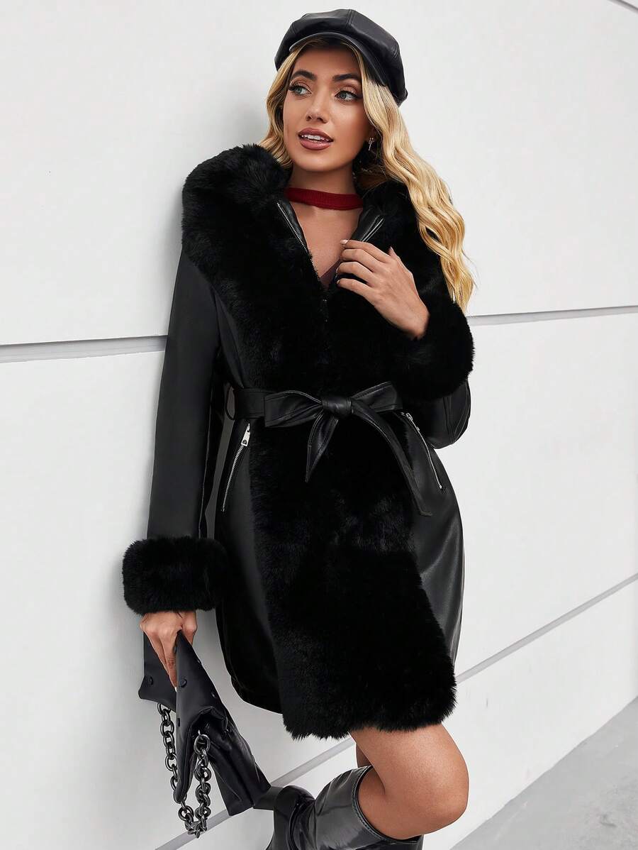 Giolshon Women's PU Jacket With Faux Fur And Belt - Perfect For Fall And Winter, And Stylish With Waist Tie For Casual Or Work Commute