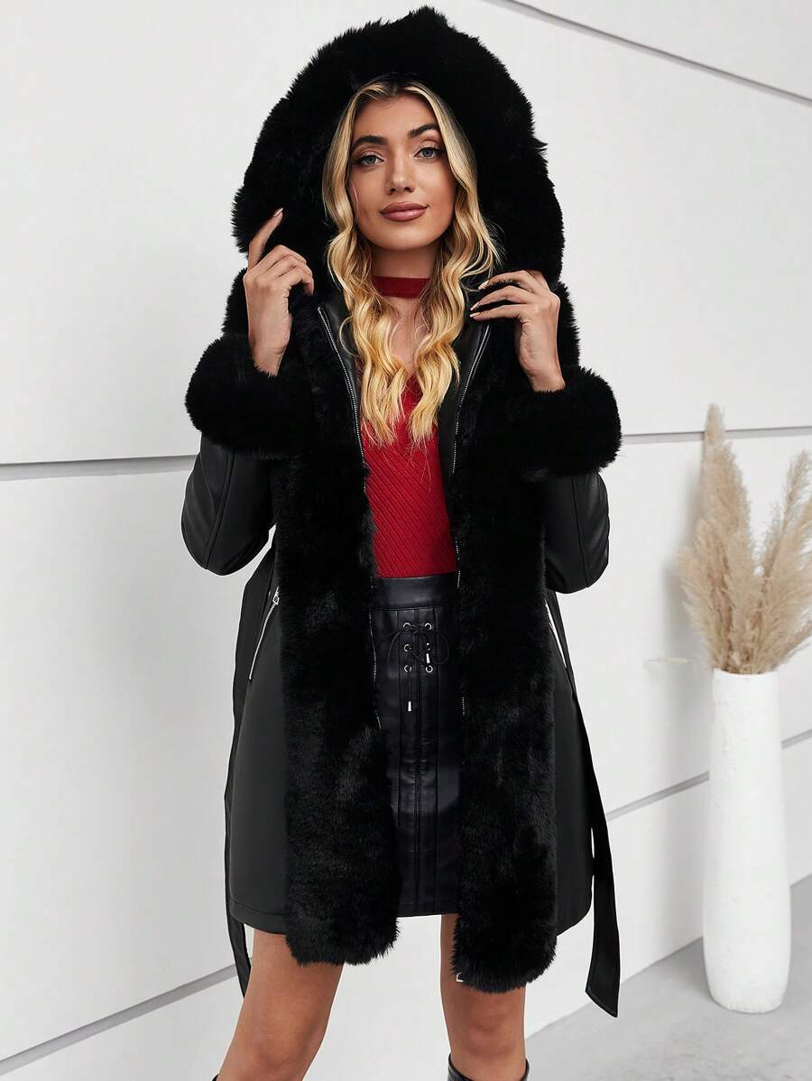 Giolshon Women's PU Jacket With Faux Fur And Belt - Perfect For Fall And Winter, And Stylish With Waist Tie For Casual Or Work Commute
