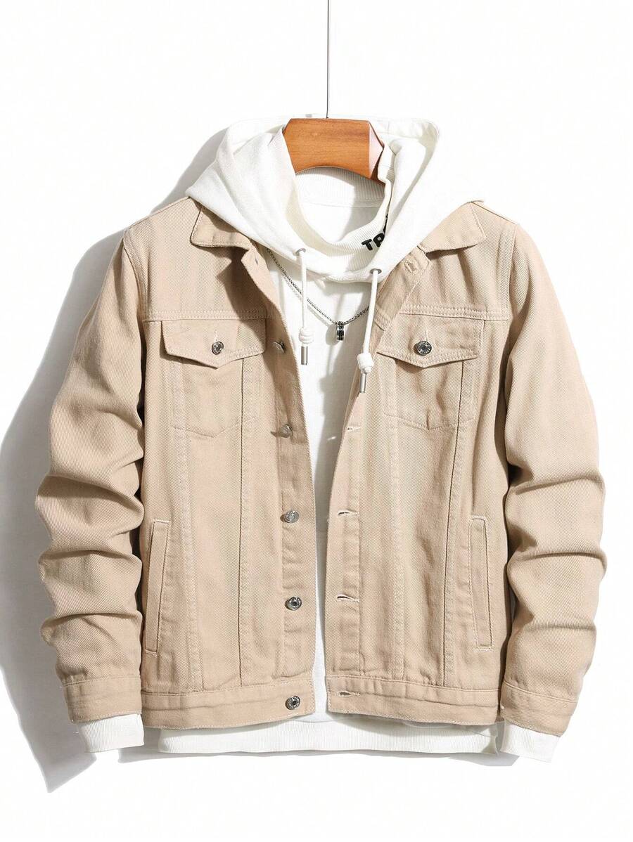 Manfinity Homme Men Plain Green Casual Cotton Flap Pocket Denim Jacket Without Tee, For Going Out With Friends Urban Office Vacation National Park Work, Fall