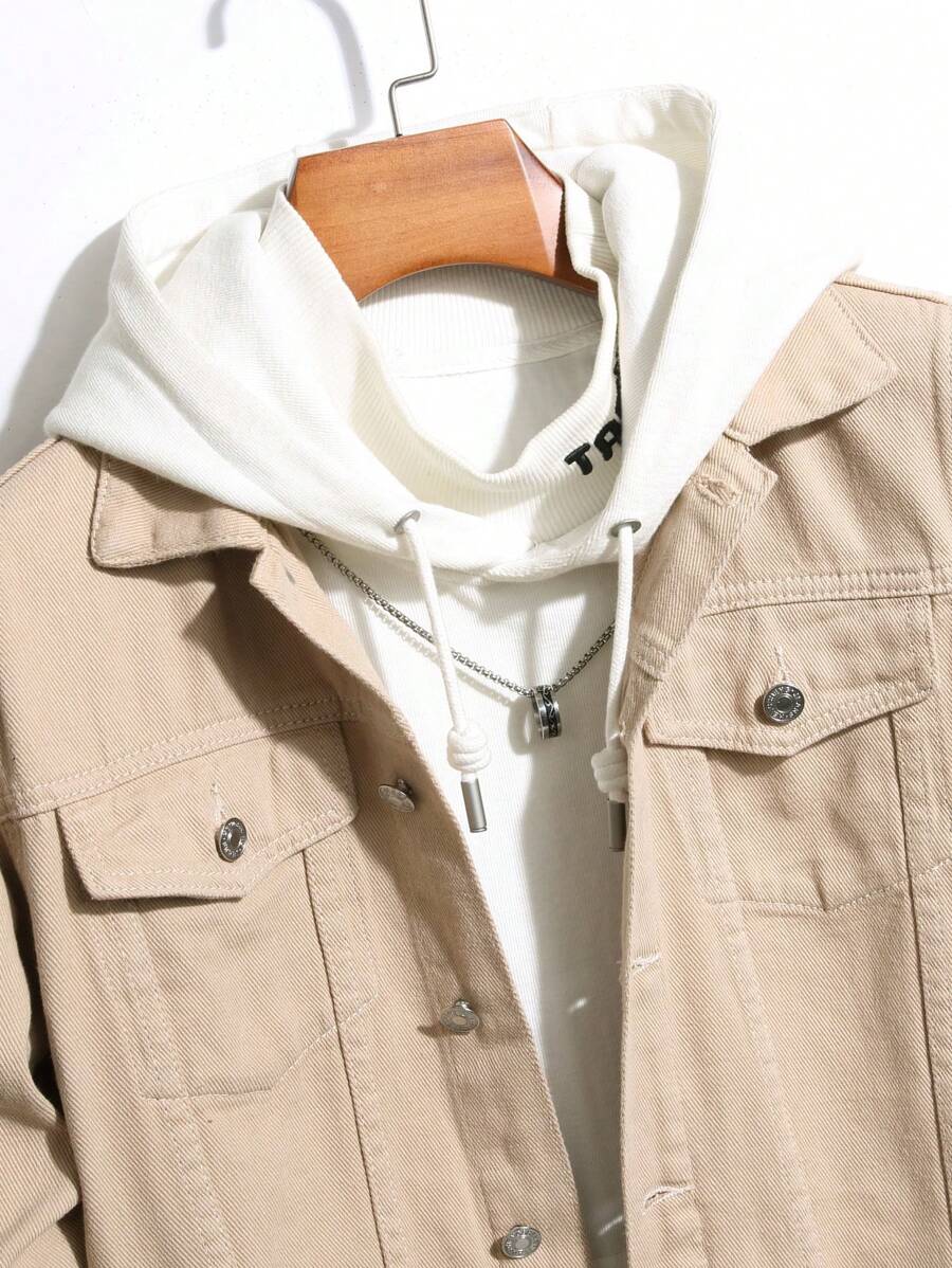 Manfinity Homme Men Plain Green Casual Cotton Flap Pocket Denim Jacket Without Tee, For Going Out With Friends Urban Office Vacation National Park Work, Fall