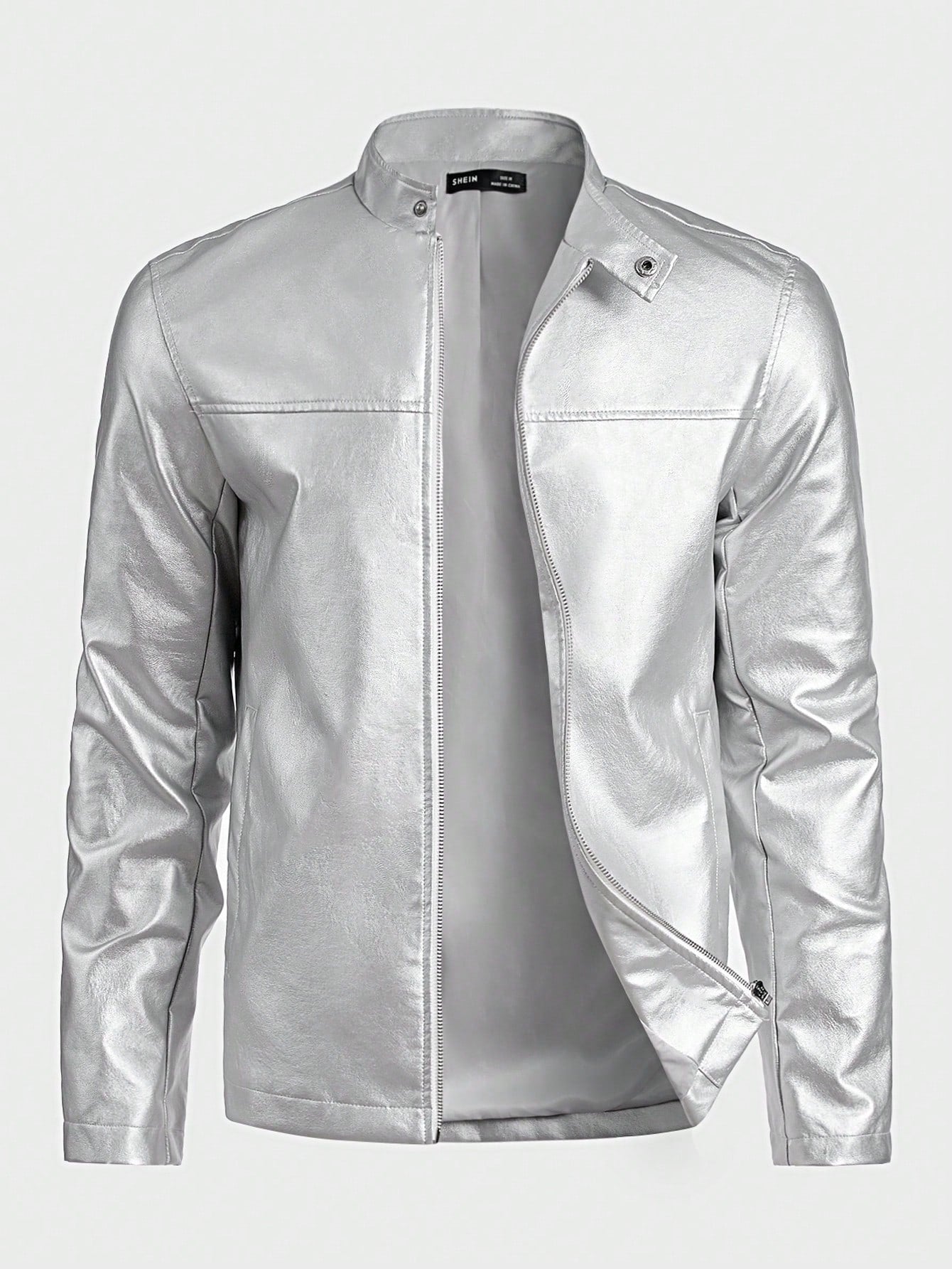 EASEVO Plus Size Men's Fashionable Silver Long Sleeve Leather Jacket , Fall Winter