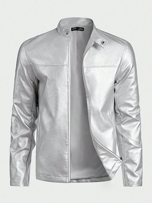 EASEVO Plus Size Men's Fashionable Silver Long Sleeve Leather Jacket , Fall Winter