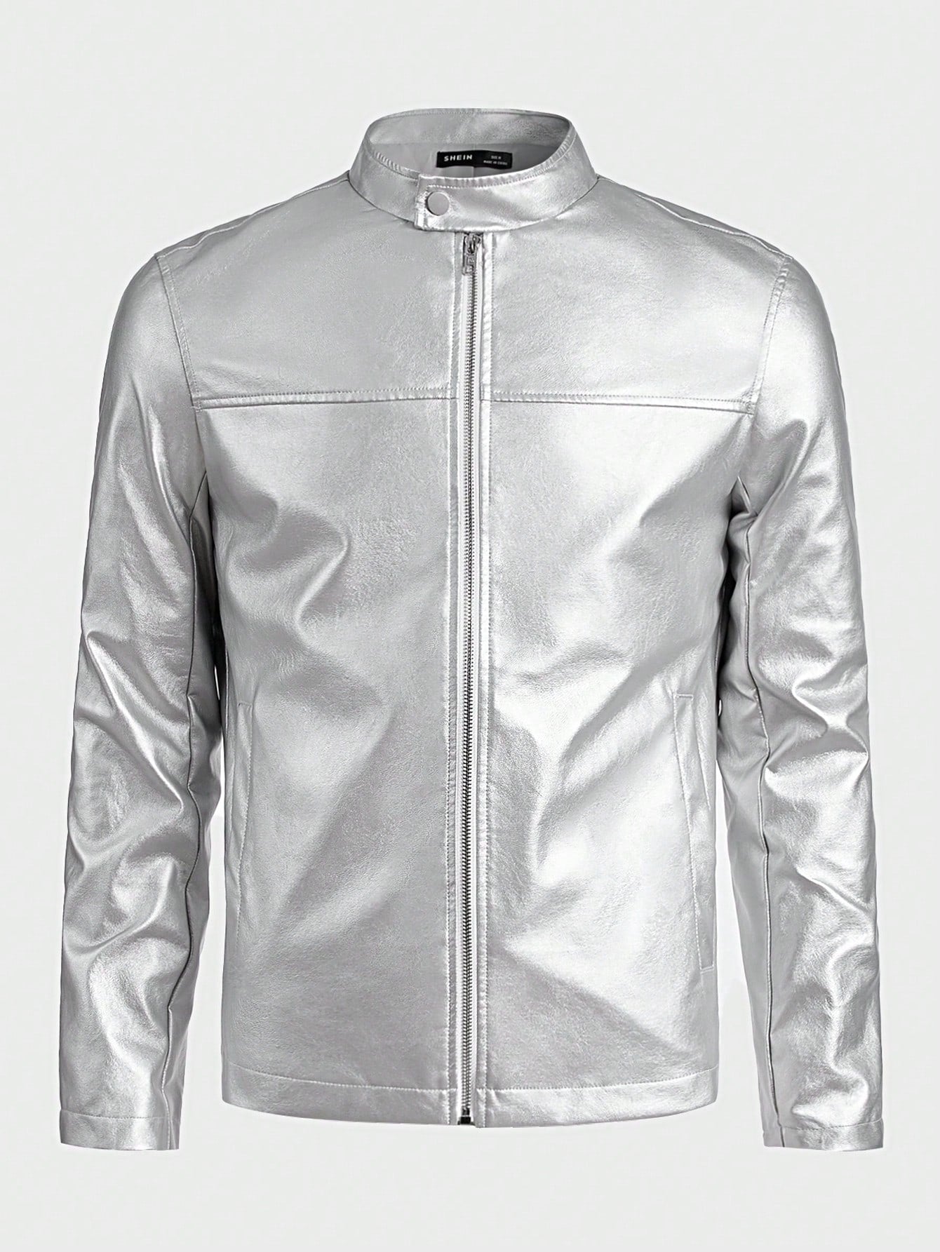 EASEVO Plus Size Men's Fashionable Silver Long Sleeve Leather Jacket , Fall Winter