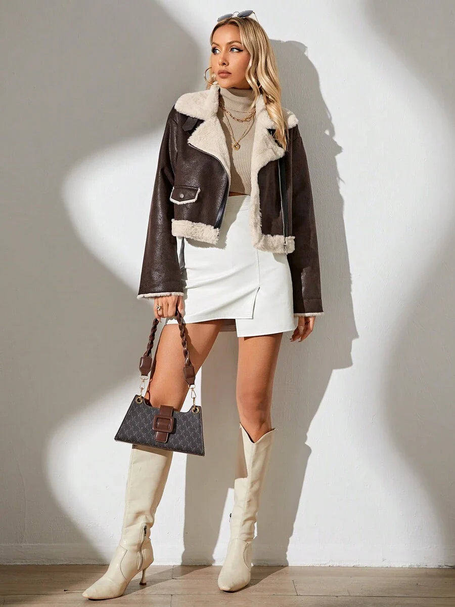 RELISH NOLESS Women's Autumn/Winter Faux Fur Lined Zip-Up Long Sleeve Jacket