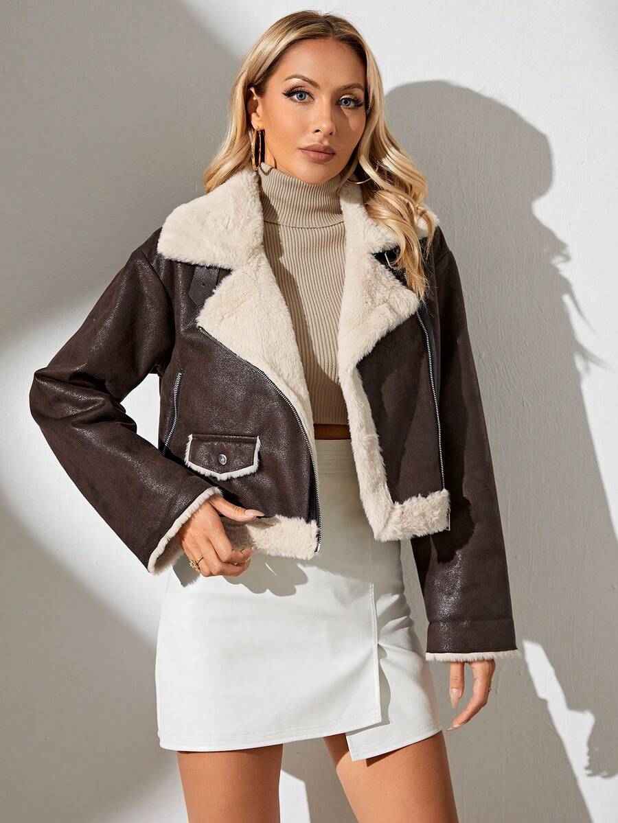 RELISH NOLESS Women's Autumn/Winter Faux Fur Lined Zip-Up Long Sleeve Jacket
