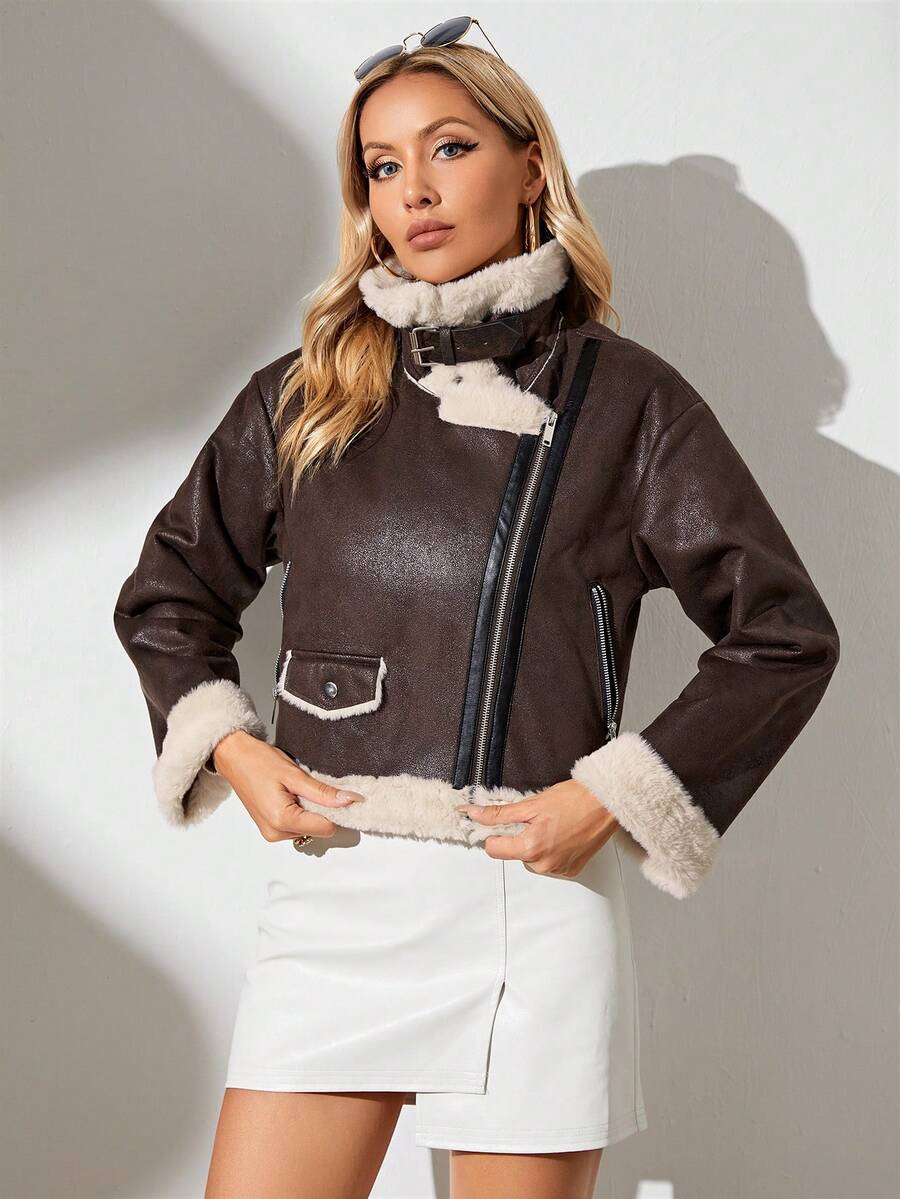 RELISH NOLESS Women's Autumn/Winter Faux Fur Lined Zip-Up Long Sleeve Jacket