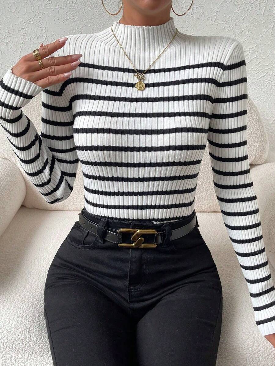 Chiquease Striped Pattern Mock Neck Sweater, Long Sleeve Tops Knit Pullover Fall Winter Outfit