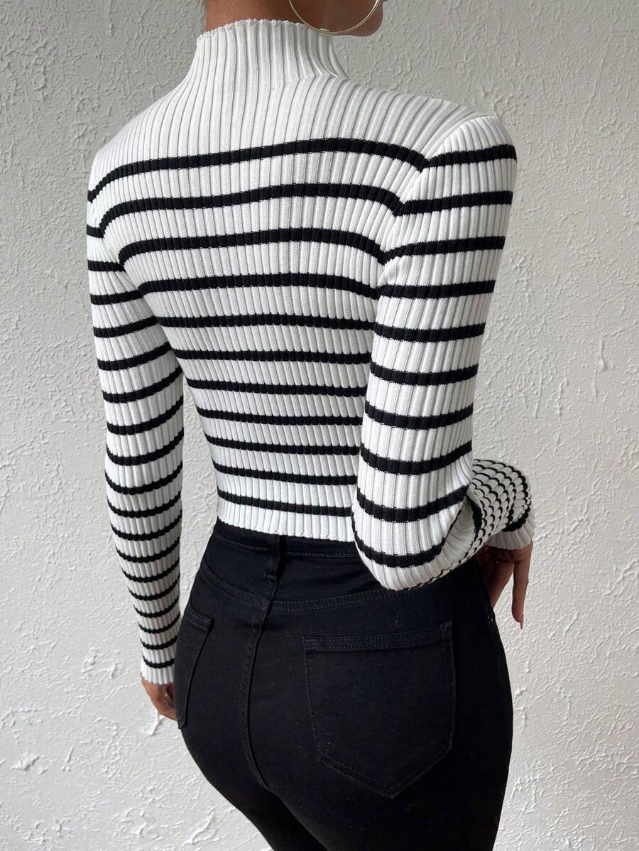 Chiquease Striped Pattern Mock Neck Sweater, Long Sleeve Tops Knit Pullover Fall Winter Outfit