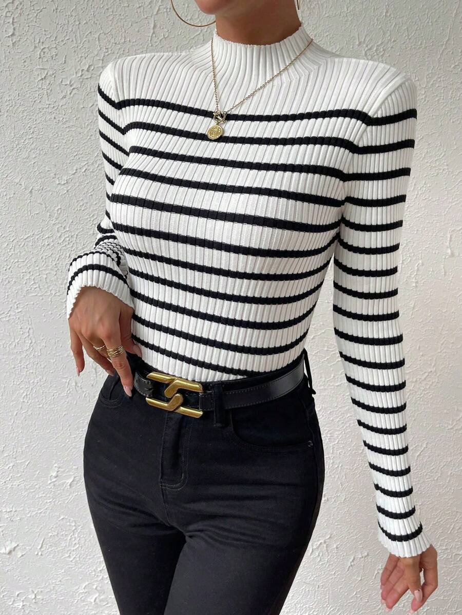 Chiquease Striped Pattern Mock Neck Sweater, Long Sleeve Tops Knit Pullover Fall Winter Outfit