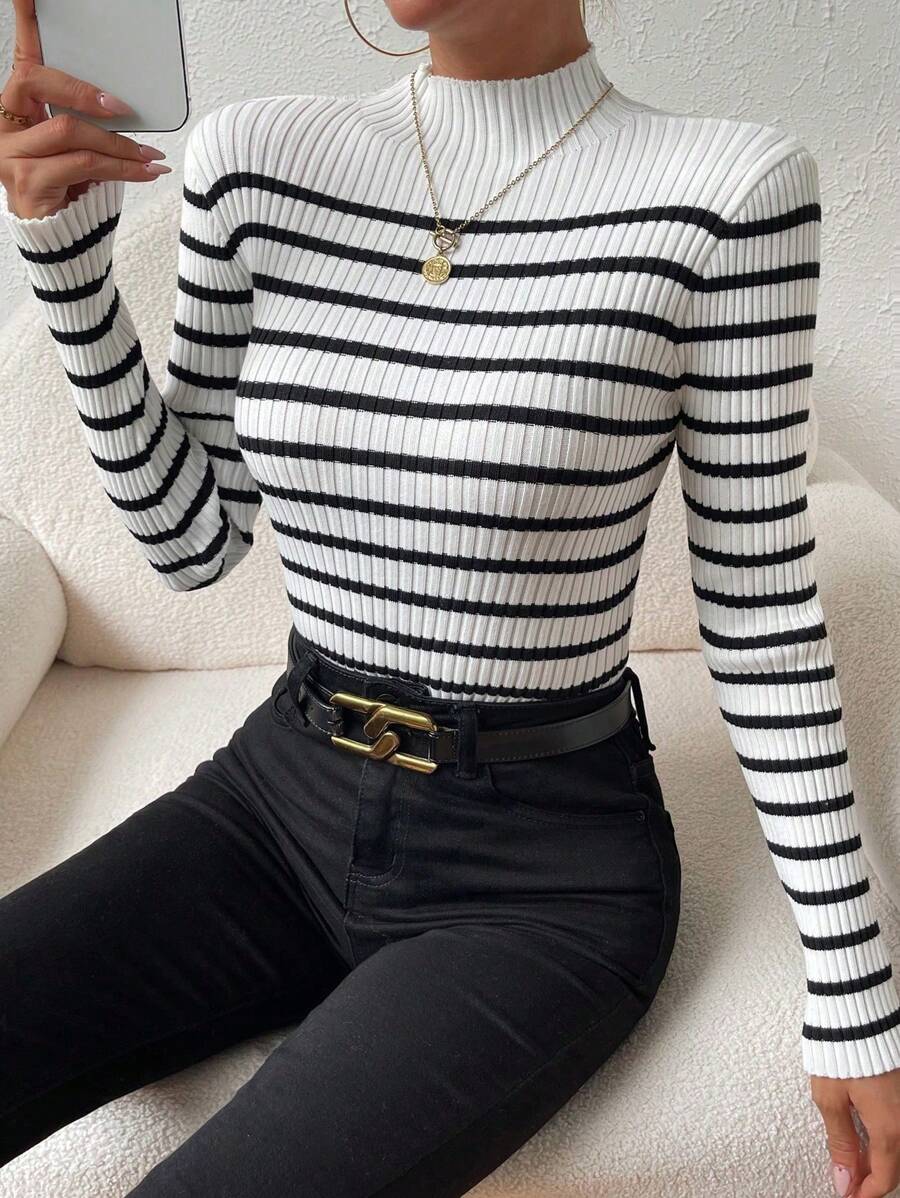 Chiquease Striped Pattern Mock Neck Sweater, Long Sleeve Tops Knit Pullover Fall Winter Outfit