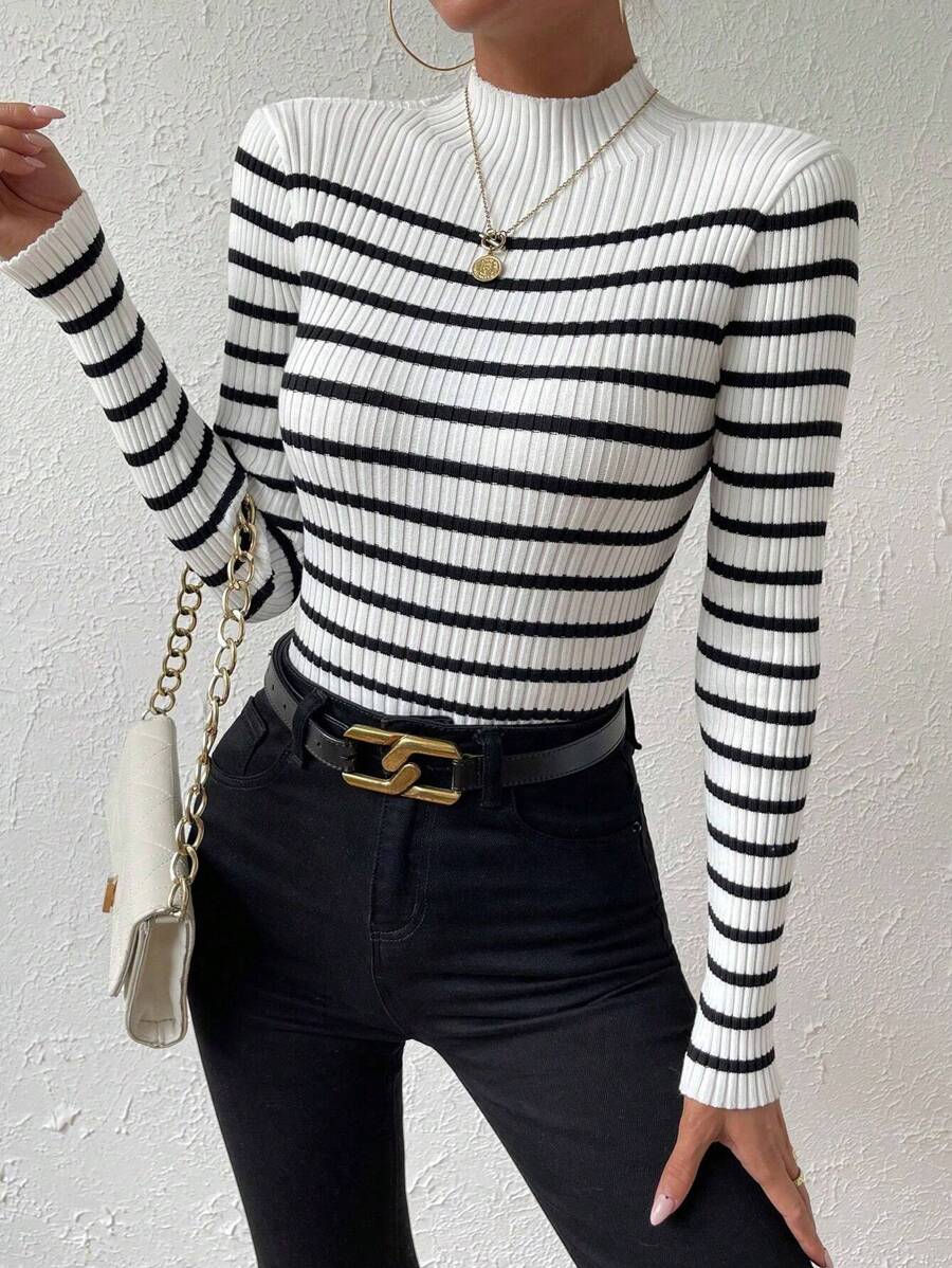 Chiquease Striped Pattern Mock Neck Sweater, Long Sleeve Tops Knit Pullover Fall Winter Outfit