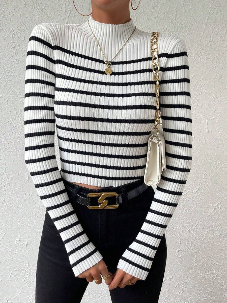 Chiquease Striped Pattern Mock Neck Sweater, Long Sleeve Tops Knit Pullover Fall Winter Outfit