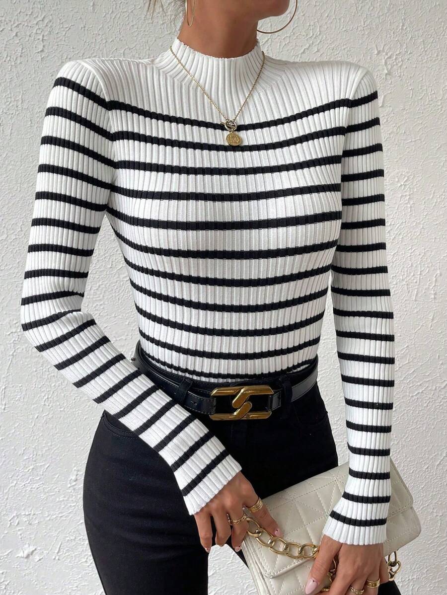 Chiquease Striped Pattern Mock Neck Sweater, Long Sleeve Tops Knit Pullover Fall Winter Outfit
