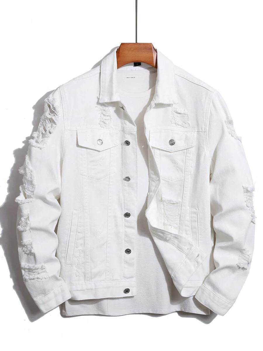Manfinity Homme Men's Casual Distressed Denim Single Breasted Jacket, Autumn