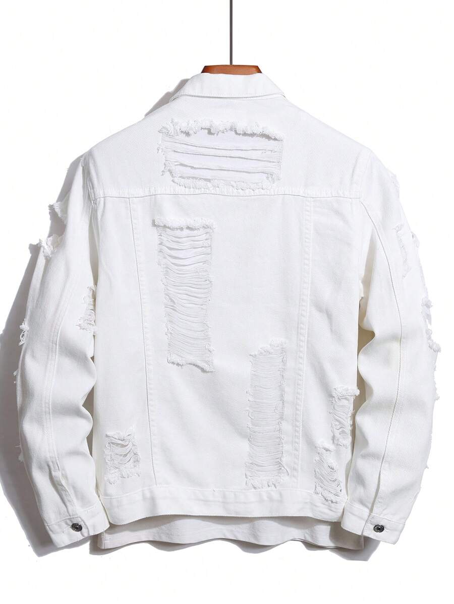 Manfinity Homme Men's Casual Distressed Denim Single Breasted Jacket, Autumn