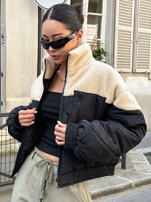 DAZY Two Tone Drop Shoulder Teddy Lined Zipper Winter Thick Pockets Coat, Winter Women Clothes, Winter Coat Women Jacket