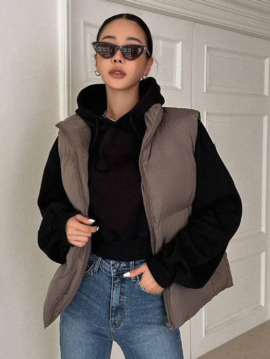 DAZY Zip Up Padded Vest Thick Pockets Coat, Women Winter Coat Jacket