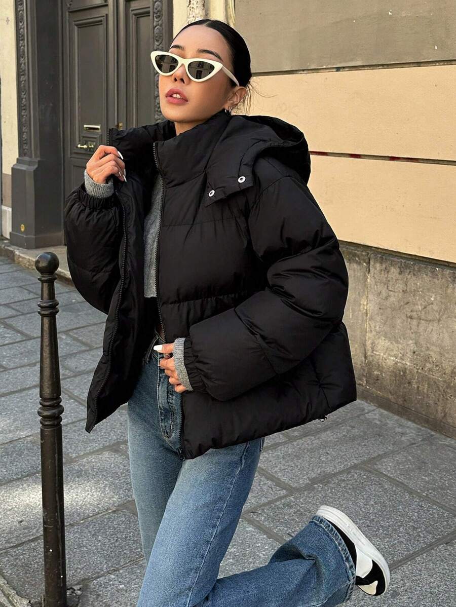 DAZY Women's Solid Color Long Sleeve Zipper Front Casual Hooded Winter Jacket