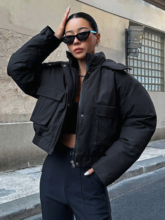 DAZY Flap Pocket Drop Shoulder Padded Pockets Coat, Women Winter Coat Jacket