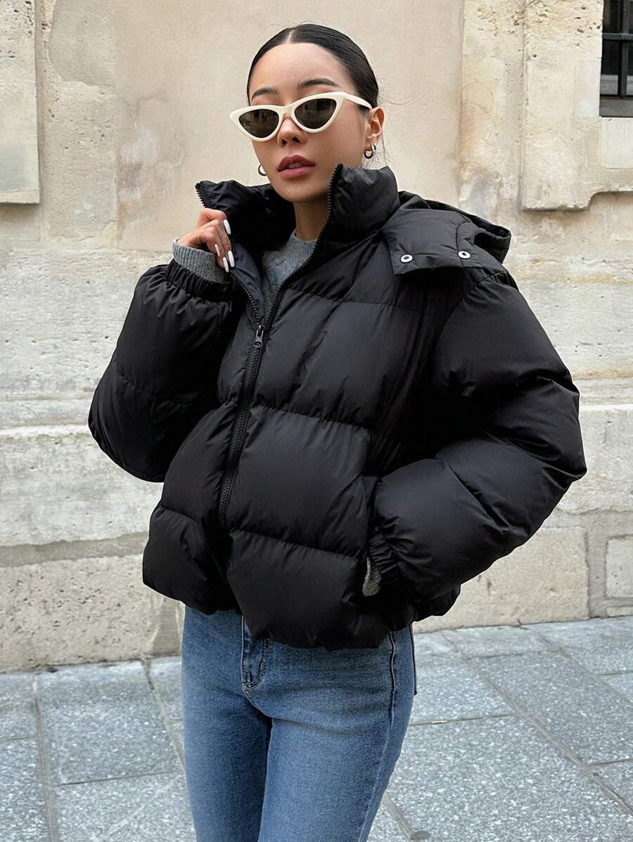DAZY Women's Solid Color Long Sleeve Zipper Front Casual Hooded Winter Jacket