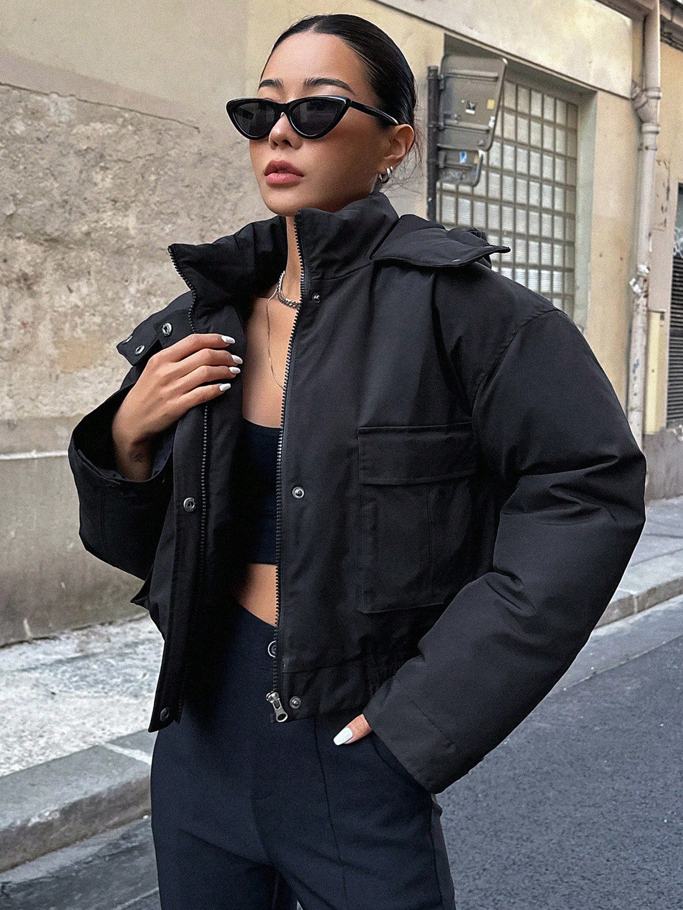 DAZY Flap Pocket Drop Shoulder Padded Pockets Coat, Women Winter Coat Jacket