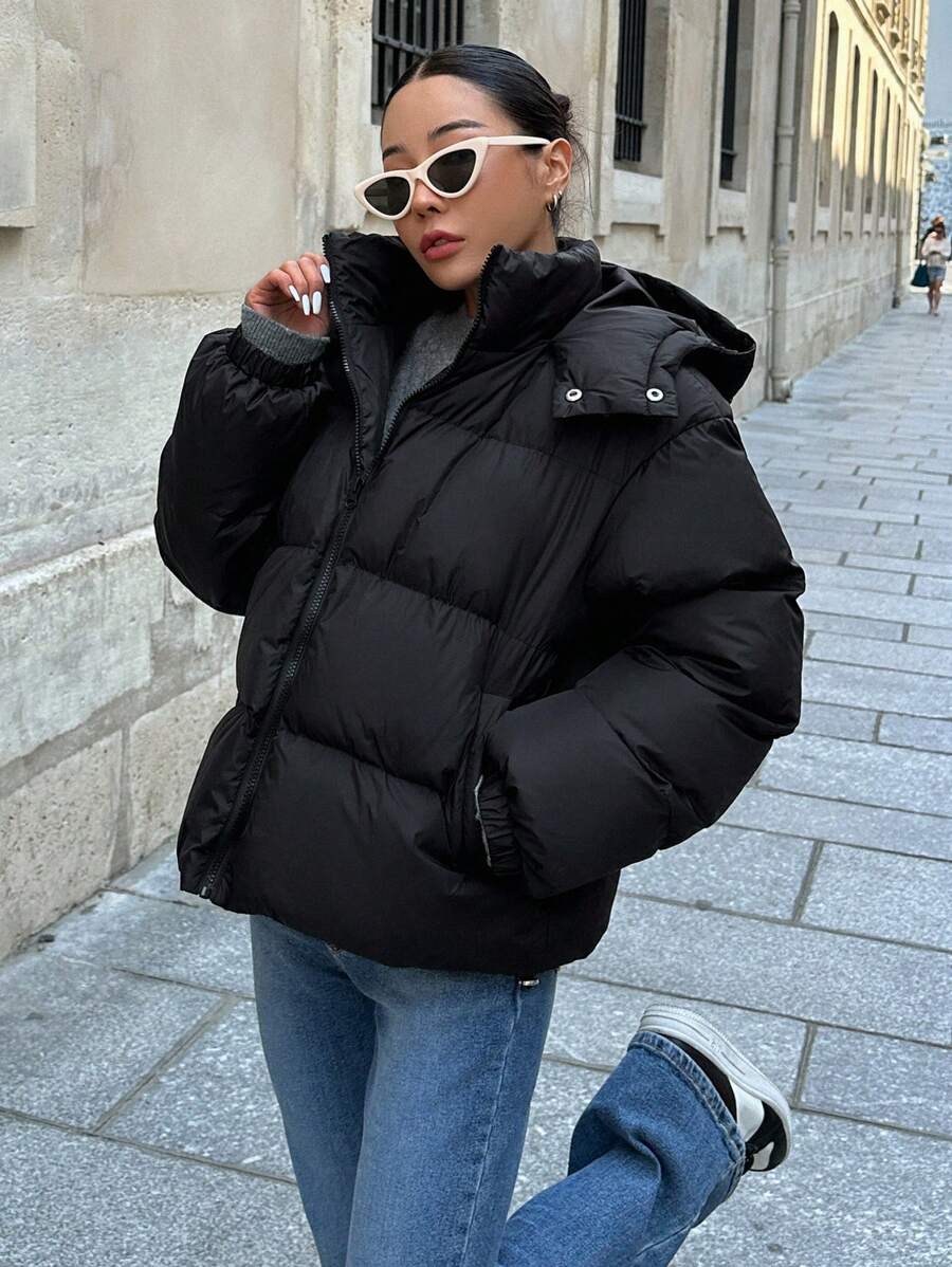 DAZY Women's Solid Color Long Sleeve Zipper Front Casual Hooded Winter Jacket