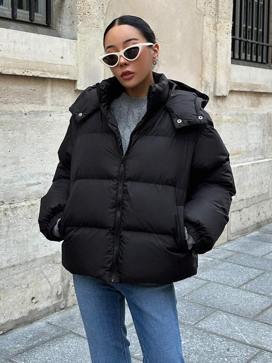 DAZY Women's Solid Color Long Sleeve Zipper Front Casual Hooded Winter Jacket