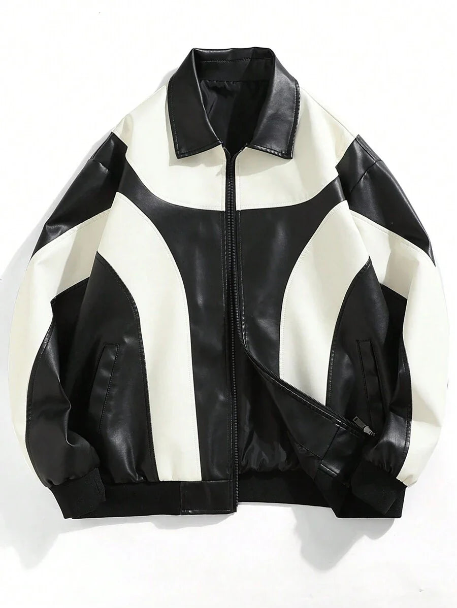 Men's Fashion Casual Color Blocking Zipper Stand Collar PU Leather Jacket, Fall/Winter