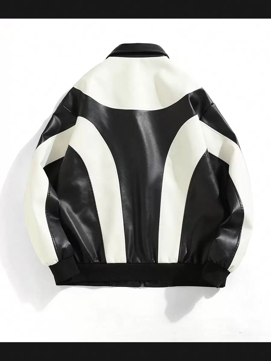 Men's Fashion Casual Color Blocking Zipper Stand Collar PU Leather Jacket, Fall/Winter
