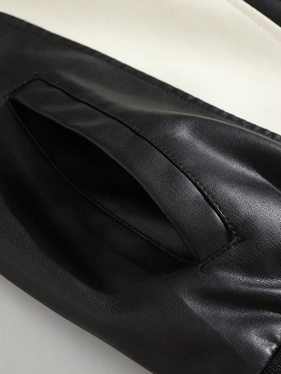 Men's Fashion Casual Color Blocking Zipper Stand Collar PU Leather Jacket, Fall/Winter
