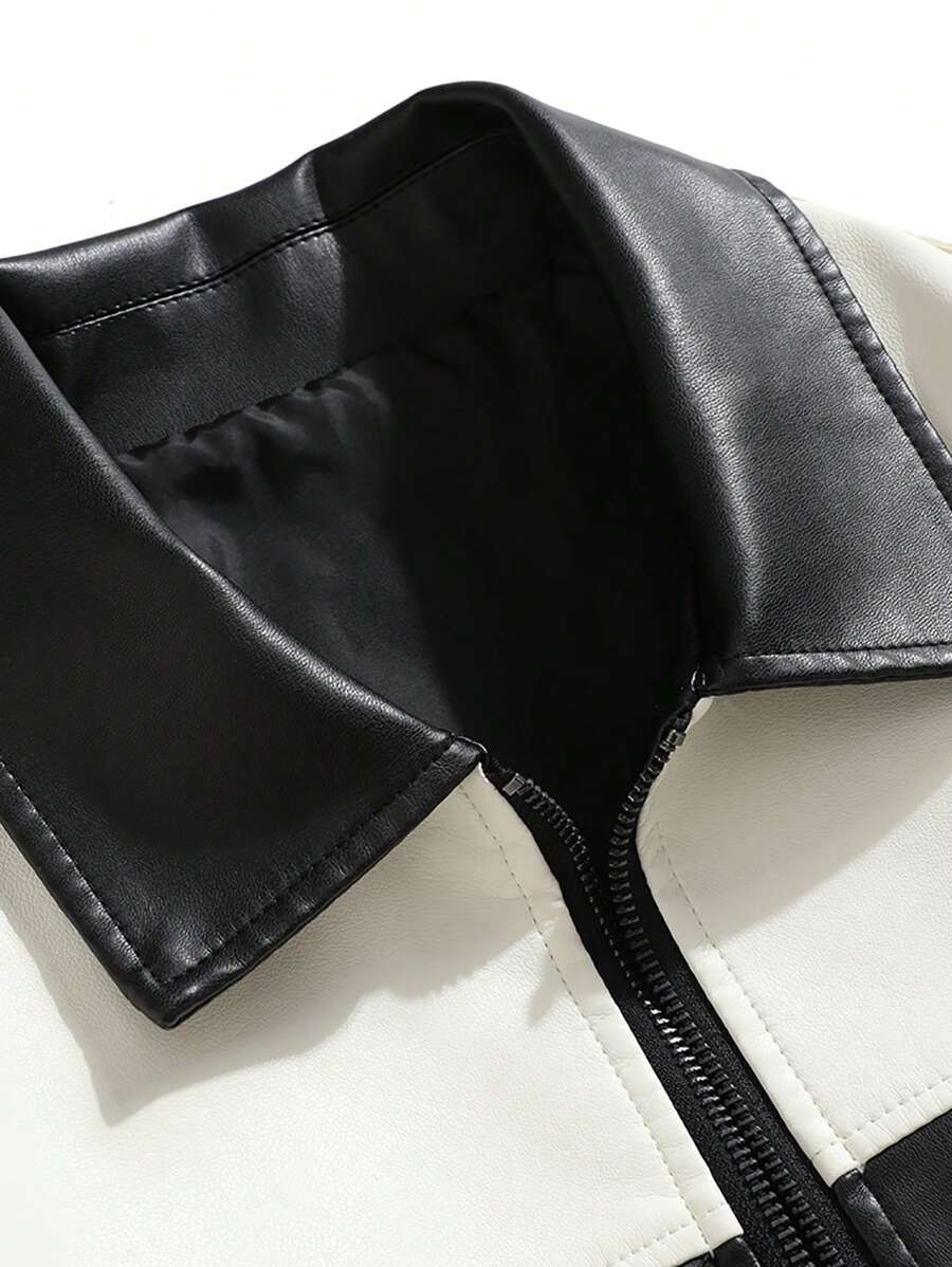 Men's Fashion Casual Color Blocking Zipper Stand Collar PU Leather Jacket, Fall/Winter