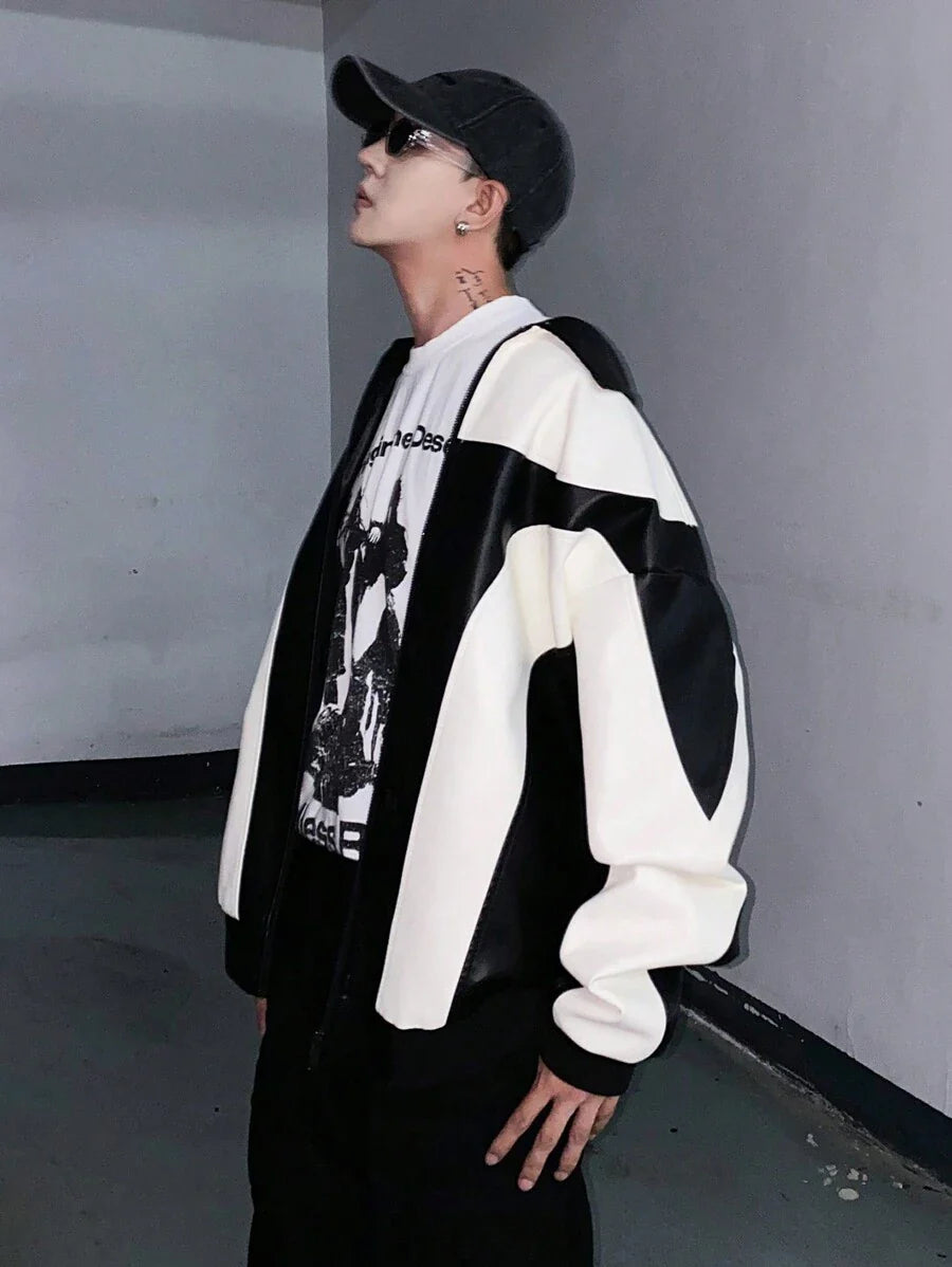 Men's Fashion Casual Color Blocking Zipper Stand Collar PU Leather Jacket, Fall/Winter