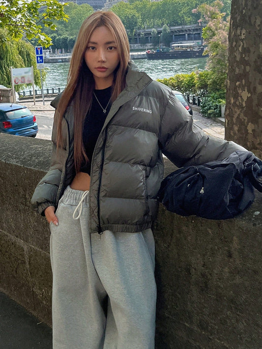 DAZY Letter Graphic Zip Up Puffer Thick Pockets Coat ,Winter Women Clothes,Winter Coat Women Jacket